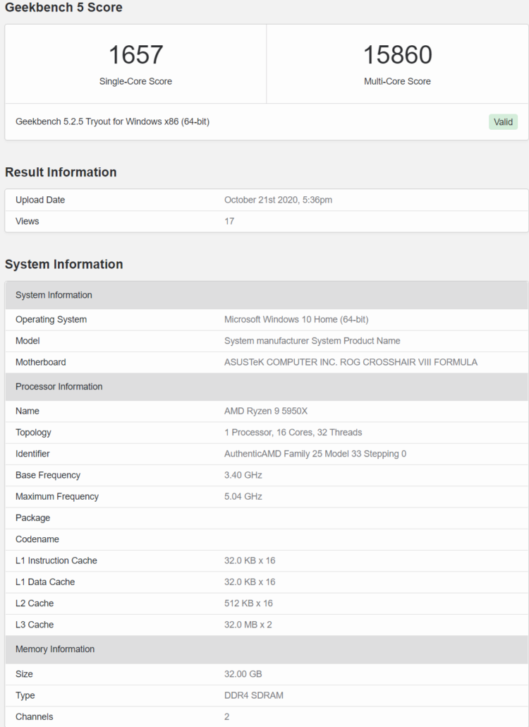 AMD Ryzen 9 5950X 16 Core Desktop CPU Geekbench 5 Benchmark Score